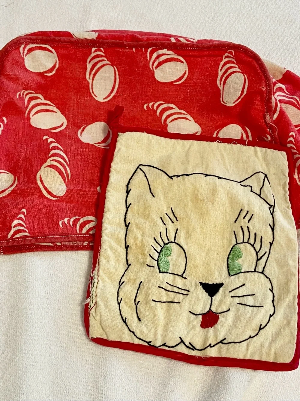 Vintage Handmade Red Kitchen Toaster Cover and Cute Kitten Potholder